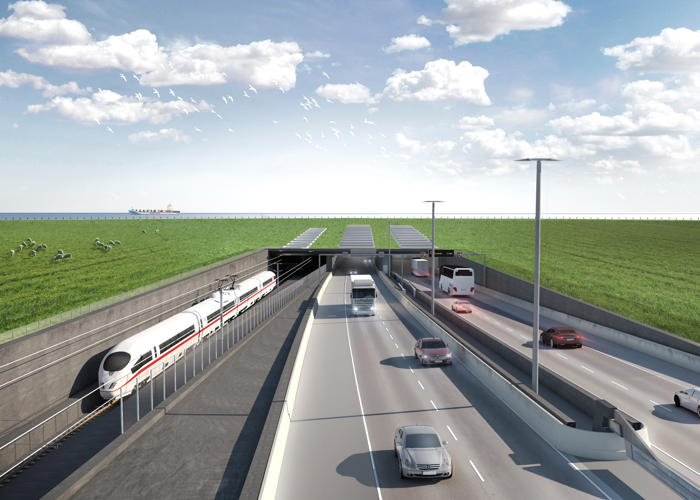 Visualisering af den fremtidige tunnelindgang i Danmark. Køretøjer og tog kører ind og ud af tunnelen.