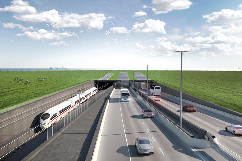 Visualisierung der künftigen Tunneleinfahrt in Dänemark. Fahrzeuge und Züge fahren in den Tunnel und aus ihm heraus.