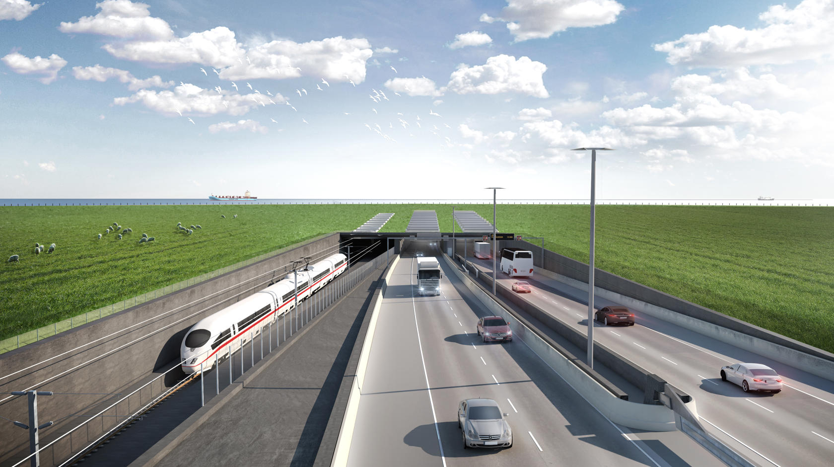 Visualisering af den fremtidige tunnelindgang i Danmark. Køretøjer og tog kører ind og ud af tunnelen.