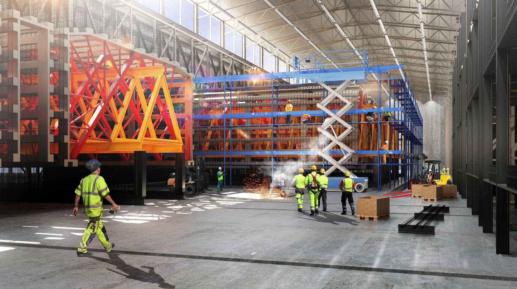 Visualisierung des Inneren der Tunnelfabrik. Zwischen großen bunten Gerüsten wird der Bewehrungsstahl für ein Tunnelelement zusammengesetzt.
