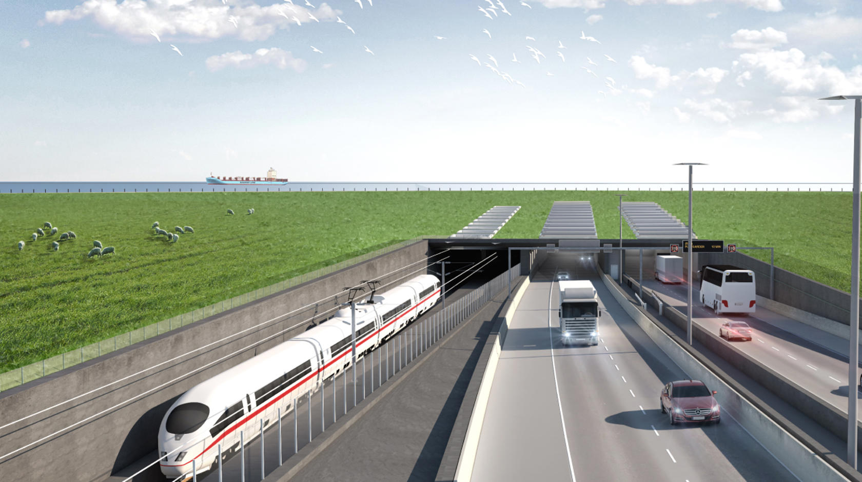 Visualisierung der künftigen Tunneleinfahrt in Dänemark. Fahrzeuge und Züge fahren in den Tunnel und aus ihm heraus.