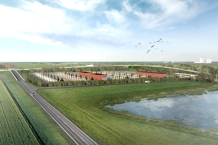 Illustration af fremtidens transformerstation der vil forsyne Femern Bælt-tunnelen med strøm