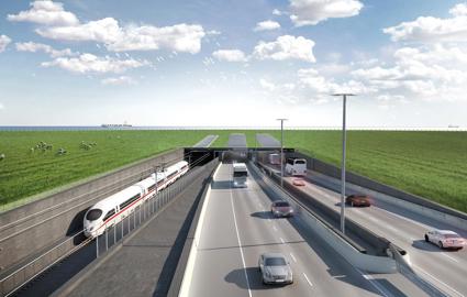 Visualisierung der dänischen Tunneleinfahrt für den Fehmarnbelt-Tunnel. Züge und Fahrzeuge fahren in den Tunnel und aus ihm heraus.